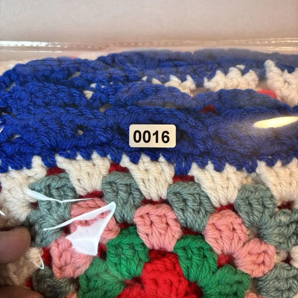 Vtg Colorful Granny Square Crochet Crib Blanket Throw Dark Blue Trim 32 X 32